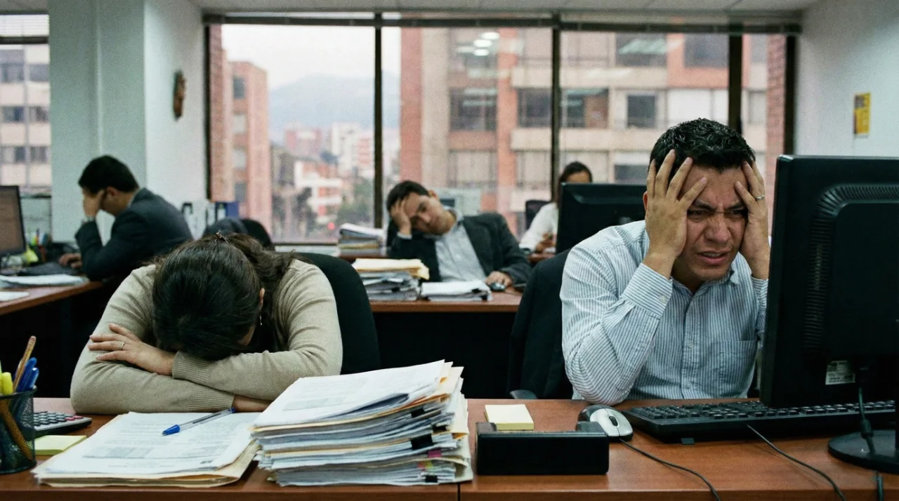 Oficina con personas visiblemente agotadas por estrés laboral y burnout